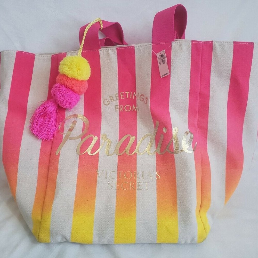 Victoria's Secret Stripe Paradise Pom Pom Bag Tote